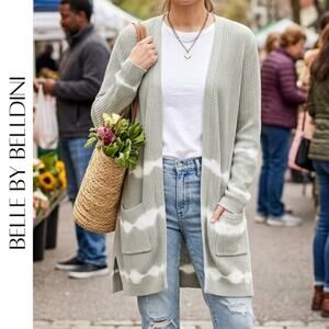 BELLE BY BELLDINI Gray Green Tie Dye Long Cardigan L Open Front Duster